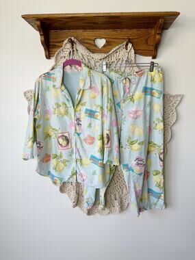 Nick And Nora Y2K Lemon Print Cotton Pajama Set Size Small